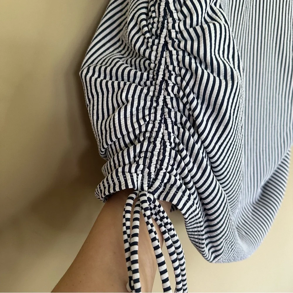 Cacique Swim Suit 42DDD Top sz 24 Bottom Navy White Seersucker Tankini Plunge - Picture 6 of 15